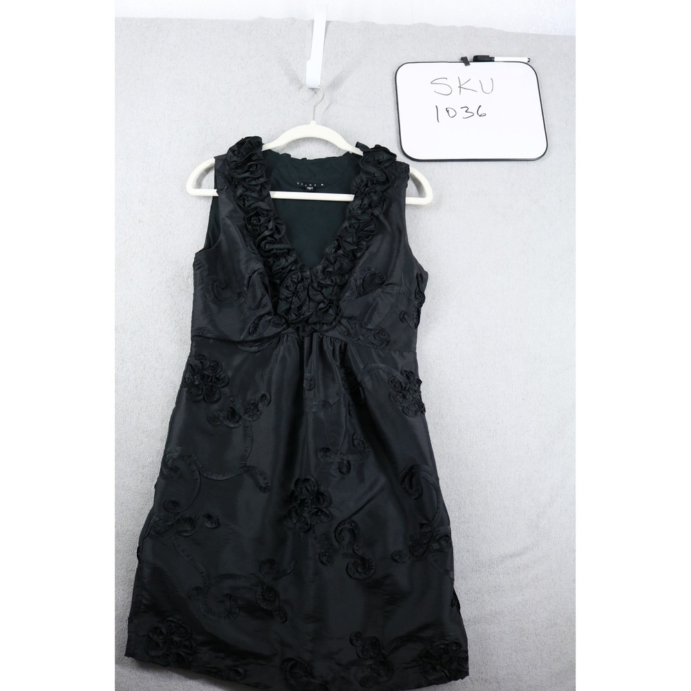 Tiana B Dress Women 8 Black Rosette Ruffle V-Neck Sheath Cocktail 80948I